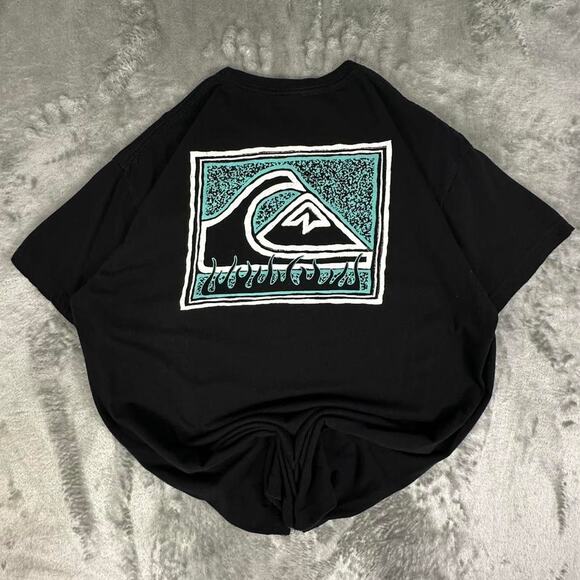 Quiksilver Black Blue Logo In Flames Surfing Graphic T-shirt Size Large - Picture 2 of 5